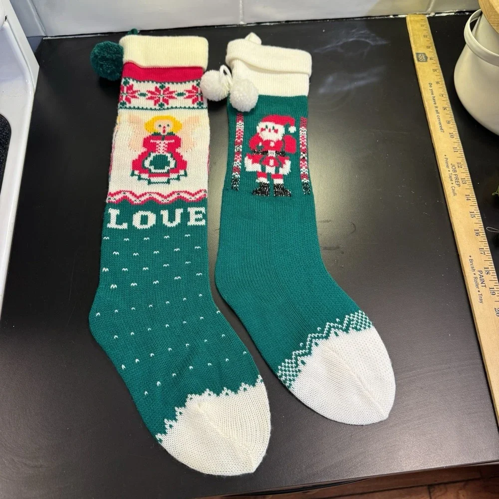 Vintage‎ Knit Christmas Stockings Santa Angel  Pair Holiday Decor Retro
